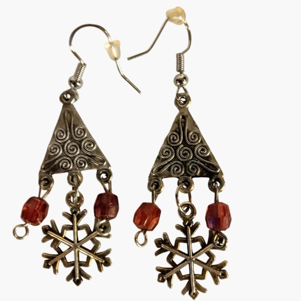 Silver Snowflake Dangle Earrings Red Crystal Beads Swirl Triangle Design